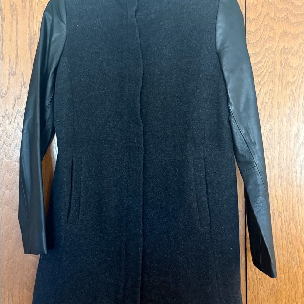 Eileen Fisher Black Trench Coat with Leather Sleeves